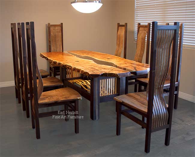 custom made live edge table showing all eight chairs